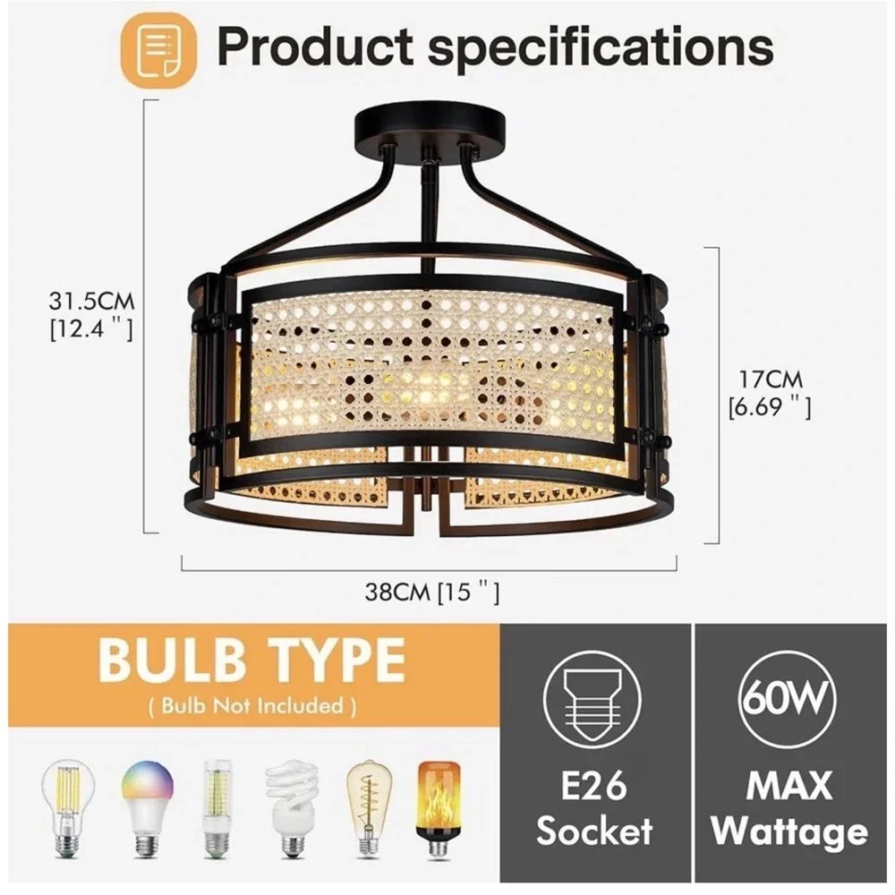 farmhouse semi flush mount ceiling light Fixture 15 Inch 3 Light Boho Rattan‎